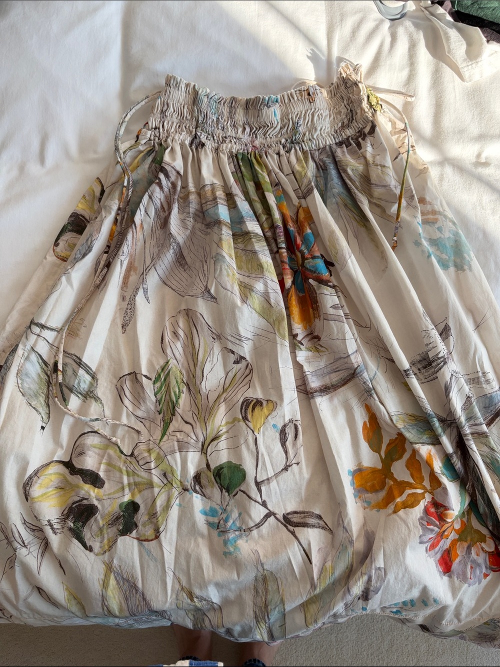 Zara Cream/Beige Floral Smocked Midi Skirt